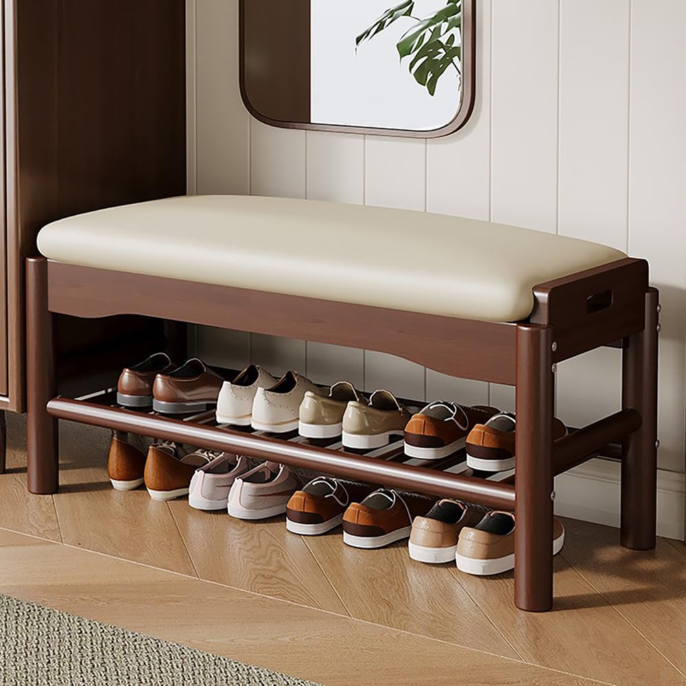 WYRNOBRX Shoe Rack Wooden Small Three-Tier Shoe Organizers, Shoe Cabinet with Bench, Faux Leather, Solid Wood Shoe Bench, with Armrests, for Small Homes Hall Furniture,White/A,L60*H40*W30