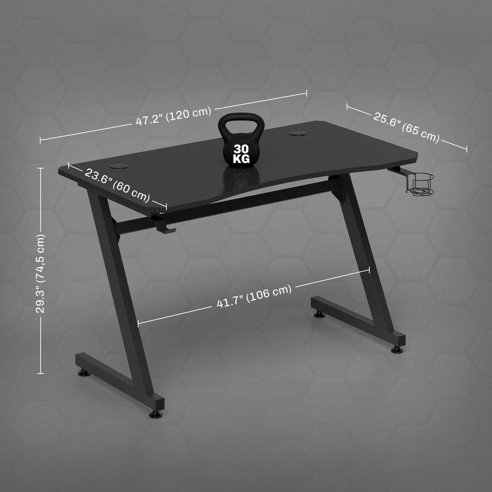 HOMCOM Mesa Gaming 120x65x74,5 cm Escritorio Ergonómico para PC Negro | Gaming Desk, Portavasos, Gancho para Auriculares, Pies Ajustables, Efecto de Fibra de Carbono