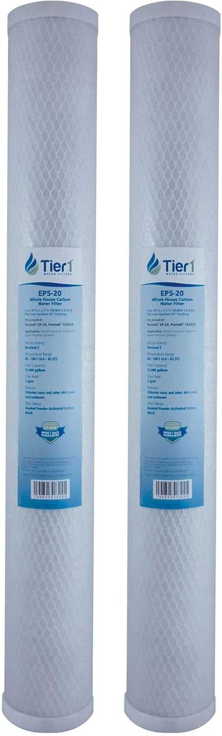 Tier1 5 Micron 20 x 2.5 Water Filter | Radial Flow Granular Activated Carbon Whole House Cartridge | Replacement for Pentek EPM-20BB, 155783-43, EPM4-20BB | 2.5 x 20 Water Filter (2-Pack)