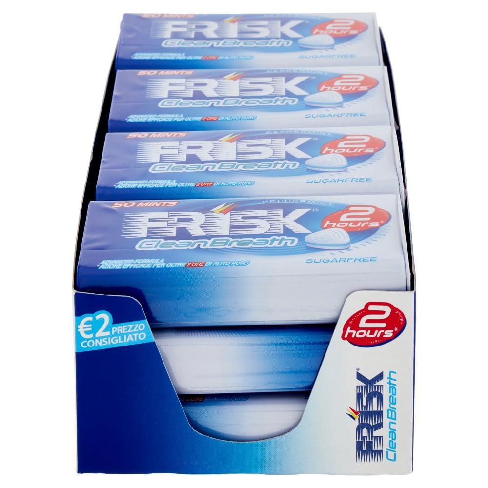 Frisk Clean Breath, Caramelle Dure Gusto Peppermint, Microcompresse con Zinco, con Edulcoranti, Senza Zucchero, Senza Glutine, 50 Unità, Confezione da 12