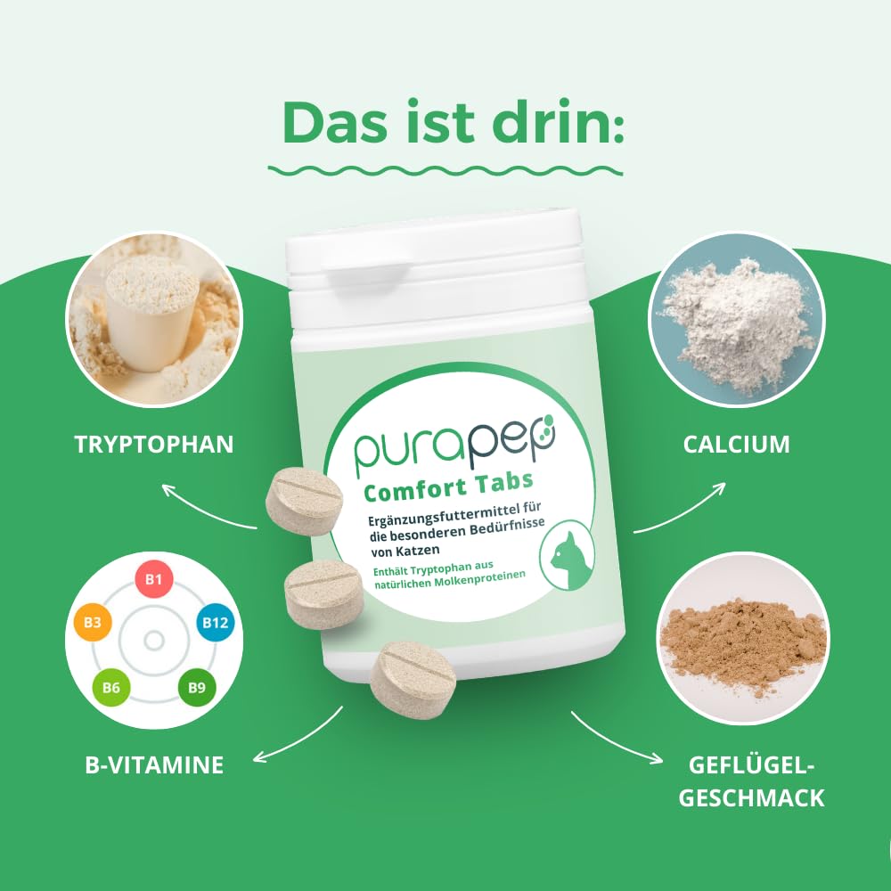 Comfort Katzen Tabs – Natürliches Beruhigungsmittel mit Tryptophan, Calcium & B Vitaminen – bei Stress, Angst & Silvester. Für entspannte Katzen in jeder Situation. Lecker + wirksam |240 Tabs