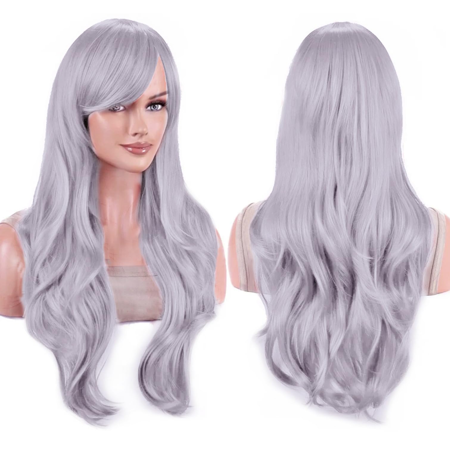 IMISSU 28 Inch/70cm Long Hair Water Wavy Wigs with Bangs Cosplay Costume Wig (Silvery Grey), 70 cm