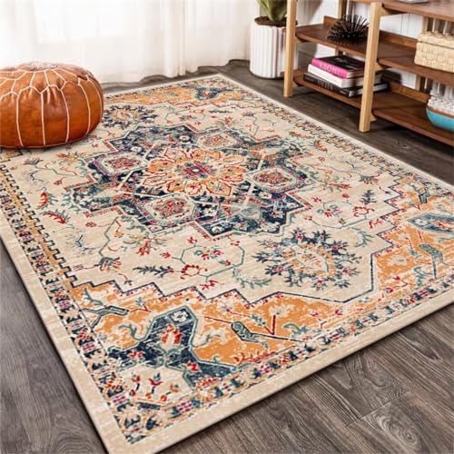 Tapis de salon lavable motif floral vintage 80x160cm anti tache moquette sol
