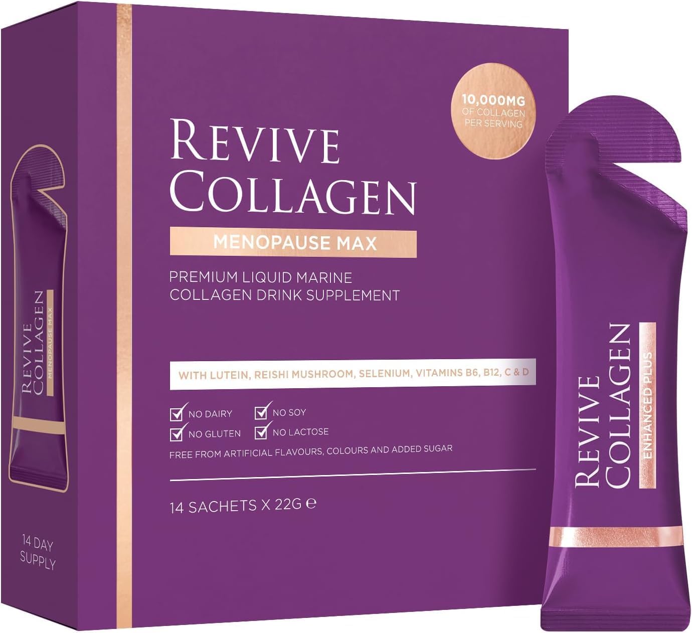 Revive Collagen Menopause Max — Hydrolyzed Marine Collagen Drink for Women, 10,000MG, Lutein, Reishi Mushroom, Vitamin B6, B12, C & D, for Skin & Eye Health, Pineapple & Coconut Flavour — 14 Sachets