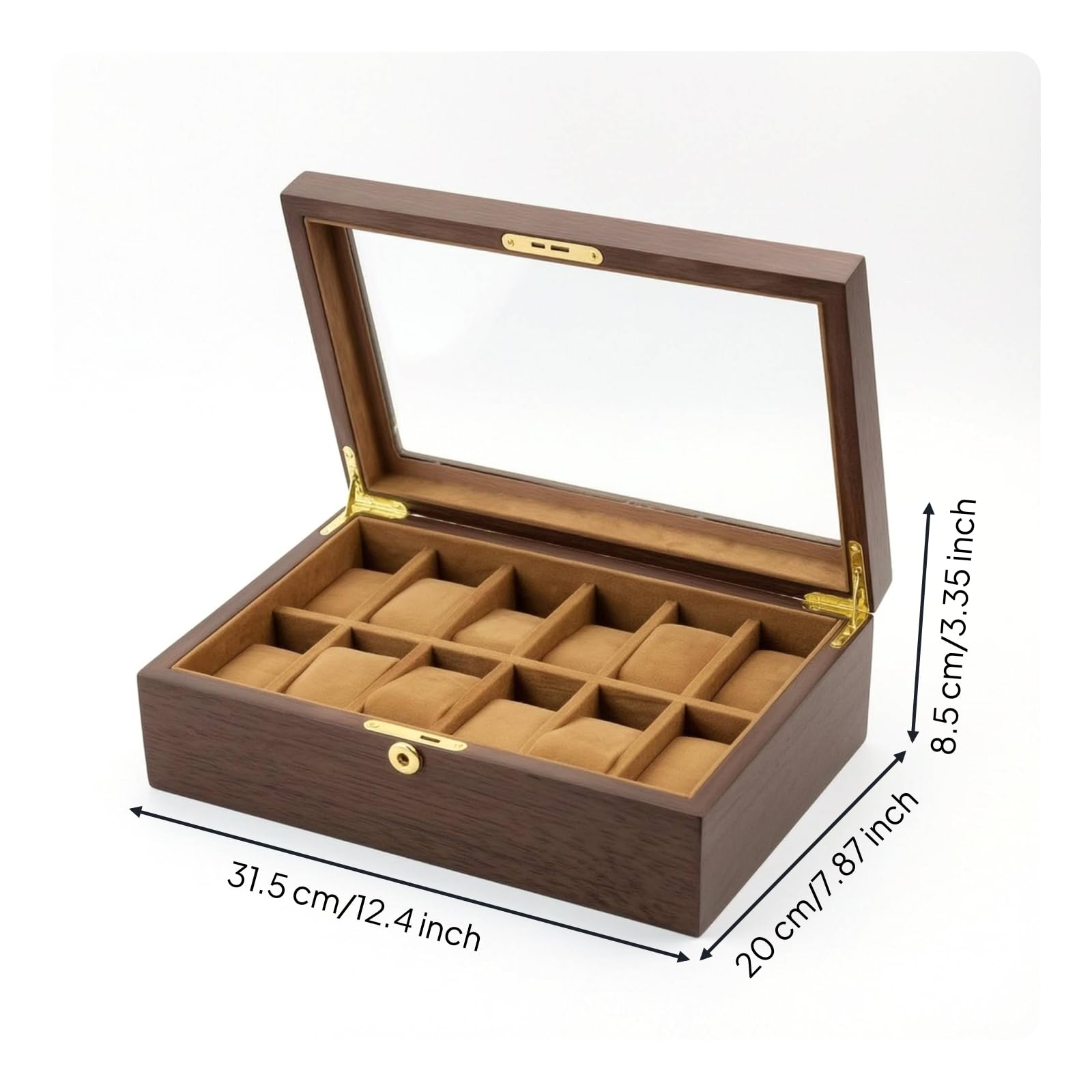 Caja Relojes Acolchado Estuche con Tapa Transparente Organizador para Coleccionistas, Caja De Madera De Nogal De 12 Ranuras