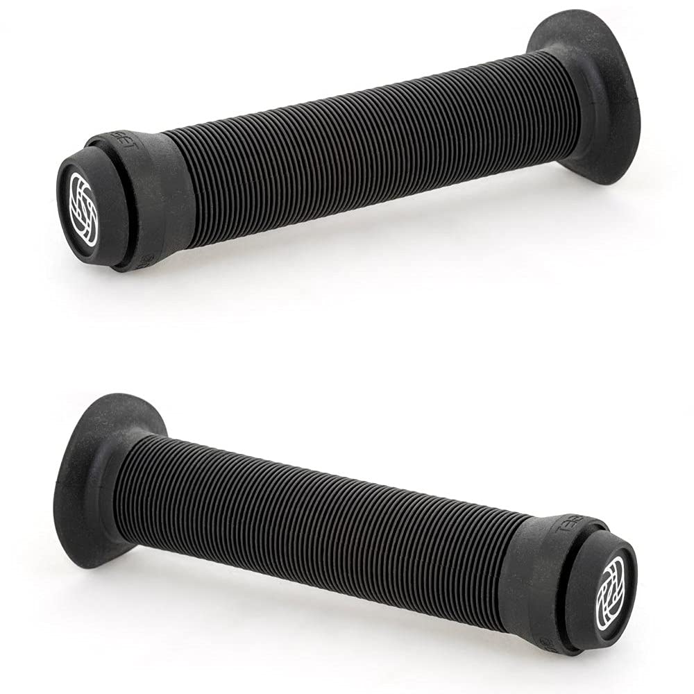 Gusset Sleeper Flanged BMX/Scooter Handlebar Grips - Black, 147mm / Single Ply Soft Rib Profile Push-in End Plug Hand Comfort Handle Bar Pair Bike Ride Scoot Sport Cycling Cycle Part Component Set