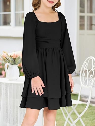 Girls Fall Dress Long Sleeve Dresses Smocked Ruched Square Neck Tiered Flowy Casual Formal Tween Dress 5-14 Years(Black,7-8 Years)