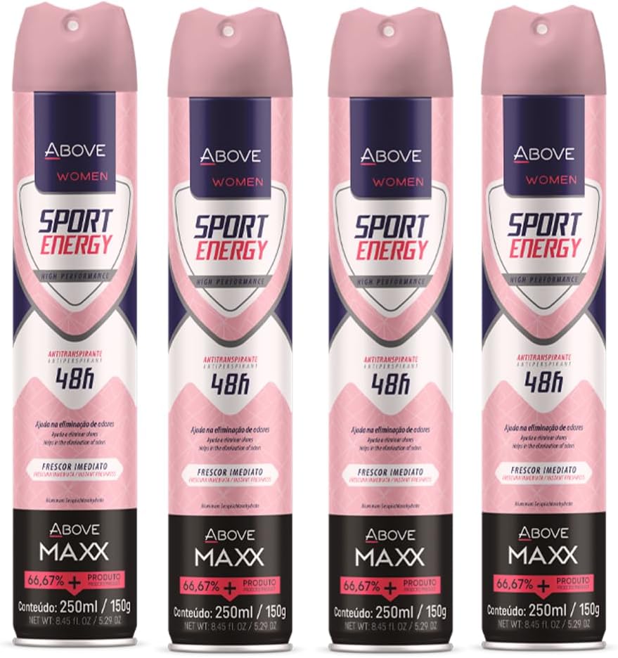 ABOVE Deodorant Women Spray, Sport Energy MAXX 48 Hours -Protects Against Sweat & Body Odor - Dry Anti Perspirant Women Spray, Instant Freshness - Alcohol Free - 5.29 oz (4 Pack)