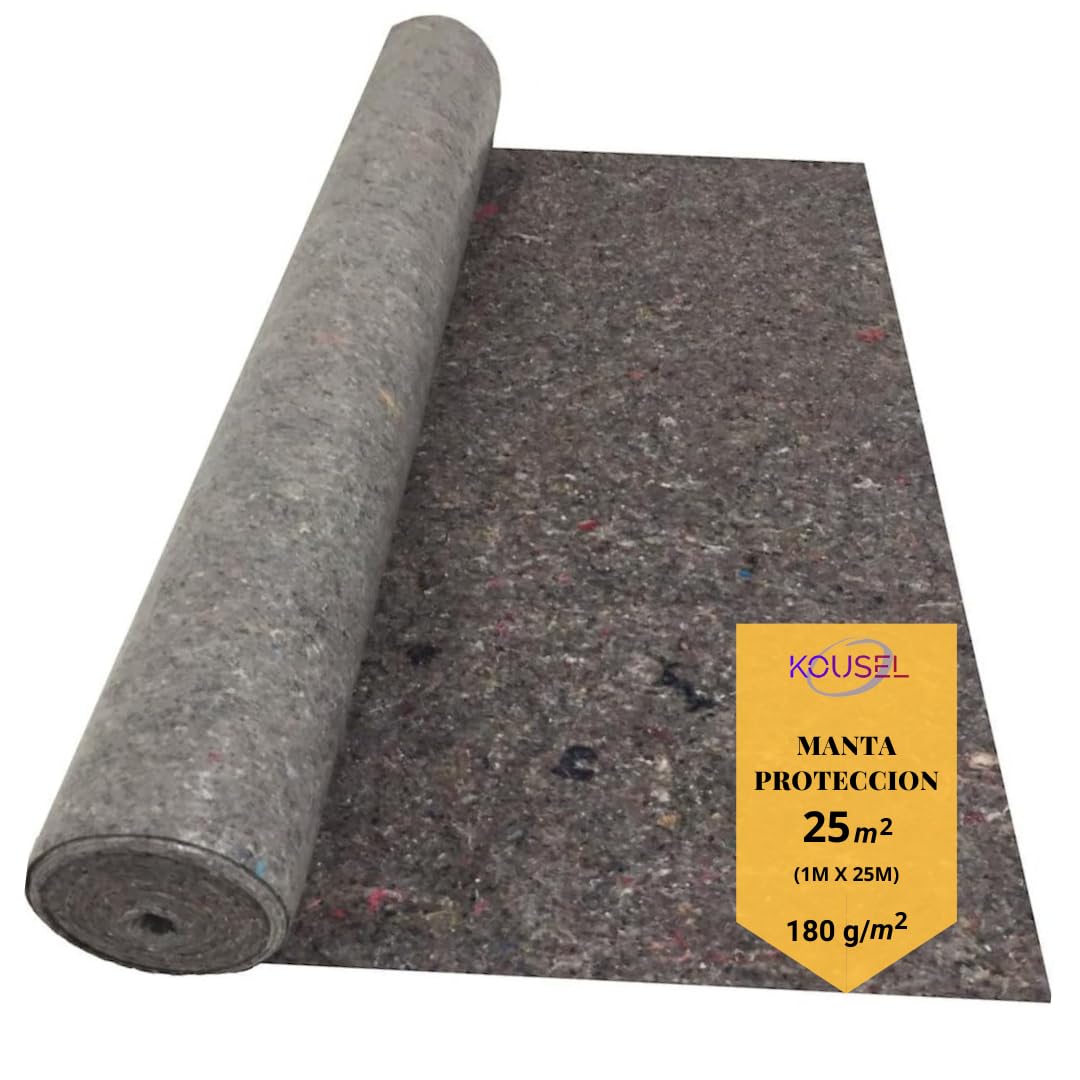 Manta Fieltro Pintor Suelo 1mx 25m(25M)(180gr/m)-Pintor, Reformas, Mudanzas, Bricolage-Antideslizante y Resistente a derrames, Reutilizable.Fabricado con Telas recicladas.