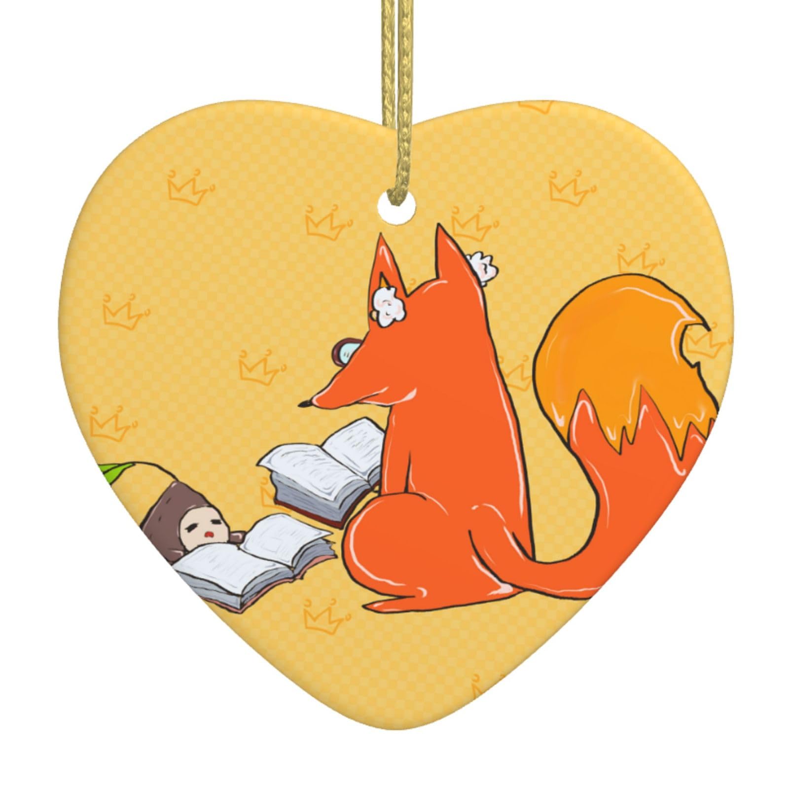 Sunflower Seeds and Foxes Ceramic Christmas Heart Pendant with Silk Thread, Christmas Tree Home Decoration