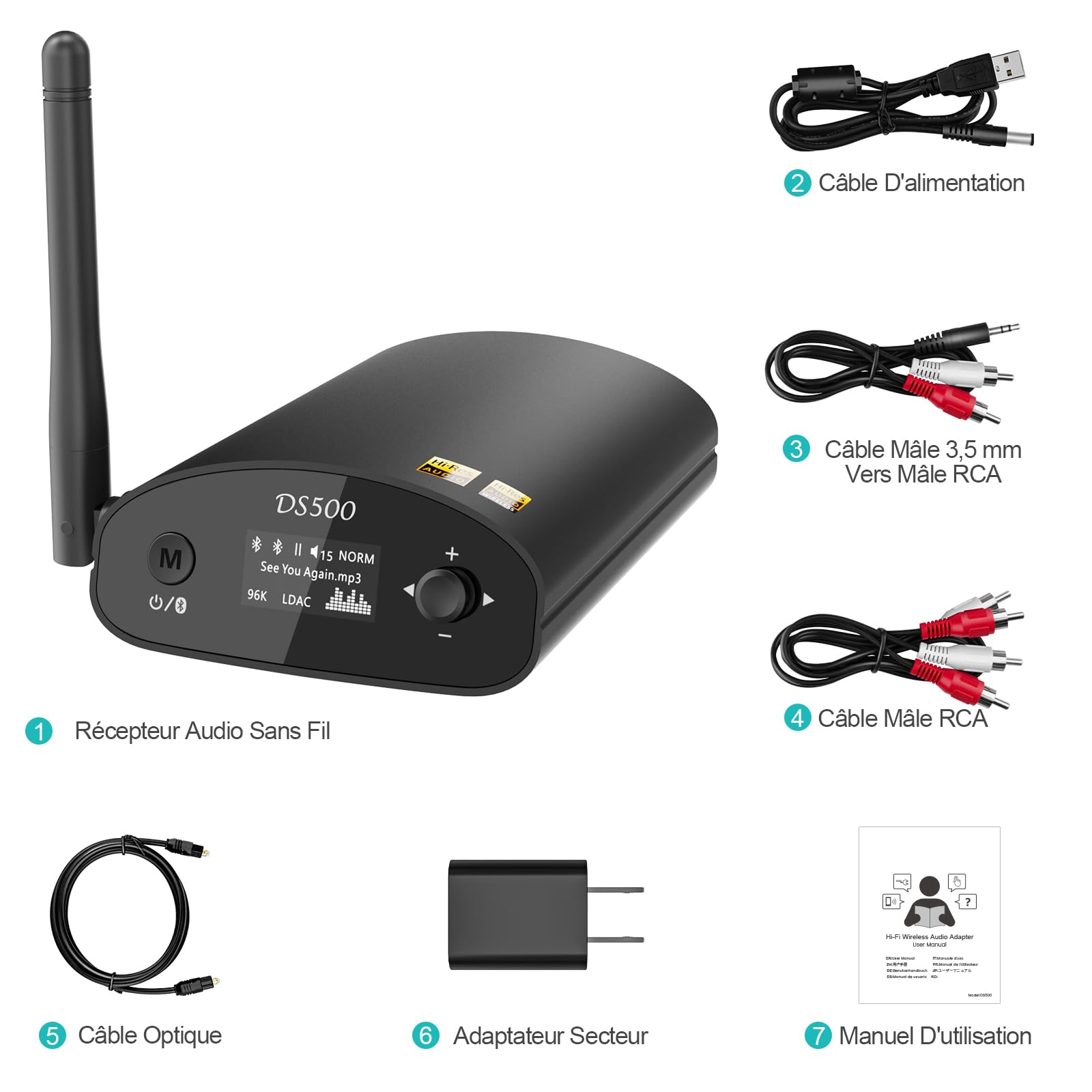 1Mii DS500 Récepteur Bluetooth HiFi LDAC pour chaîne stéréo, DAC