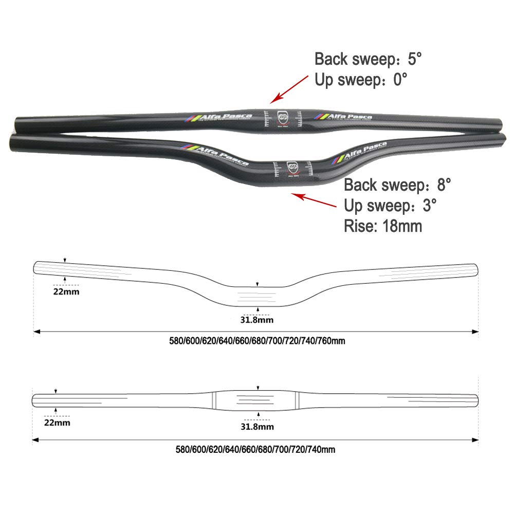 Alfa Pasca Guidon plat en fibre de carbone pour VTT 680/700/720/740/760 mm, Black with Color Logo-3K Glossy, Riser 760mm
