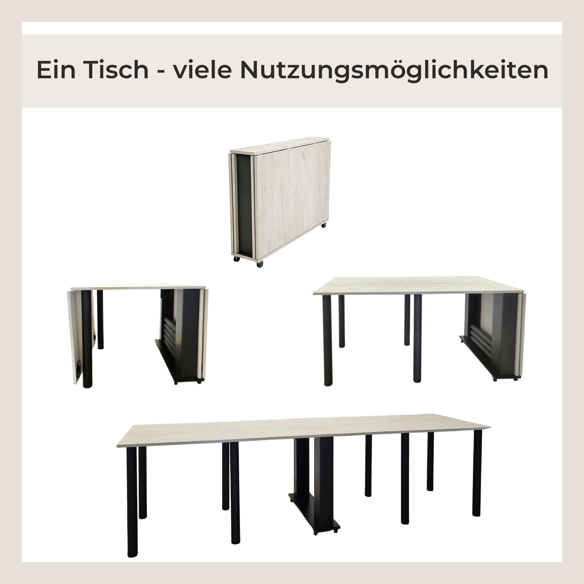 Rodnik Esstisch klappbar, Multifunktionstisch 5-in-1, Klapptisch XXL mit Rollen, ausklappbarer Tisch platzsparend für bis zu 12 Personen (Eiche Kraft Weiß/Schwarz)