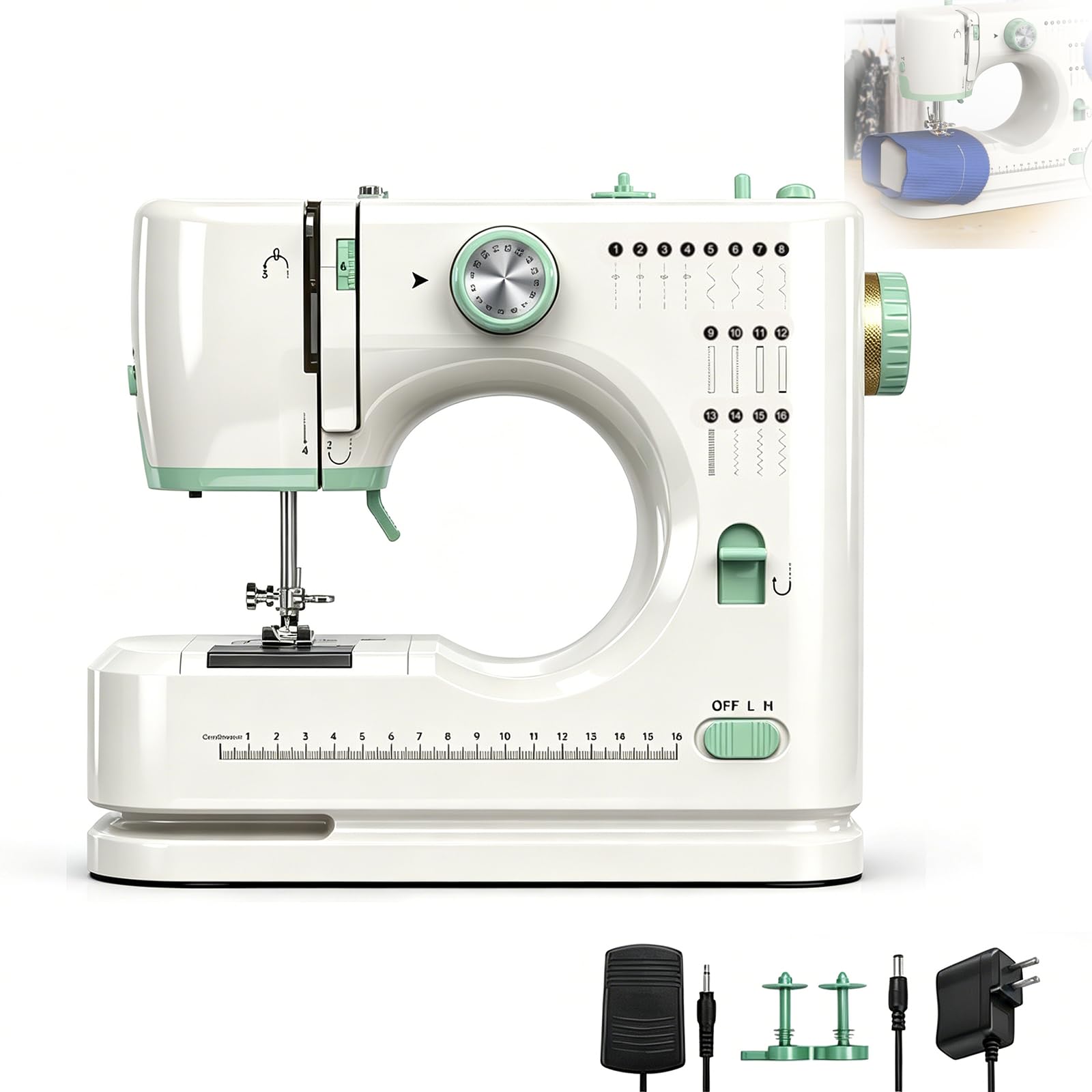 Tragbare Nähmaschine, Anfänger, 16 verschiedene Stichmuster, kleine elektrische Nähmaschine mit Nähset und Pedalen, 2 Geschwindigkeiten, automatisches Nähen, einfach zu bedienen mit LED-Licht (A)