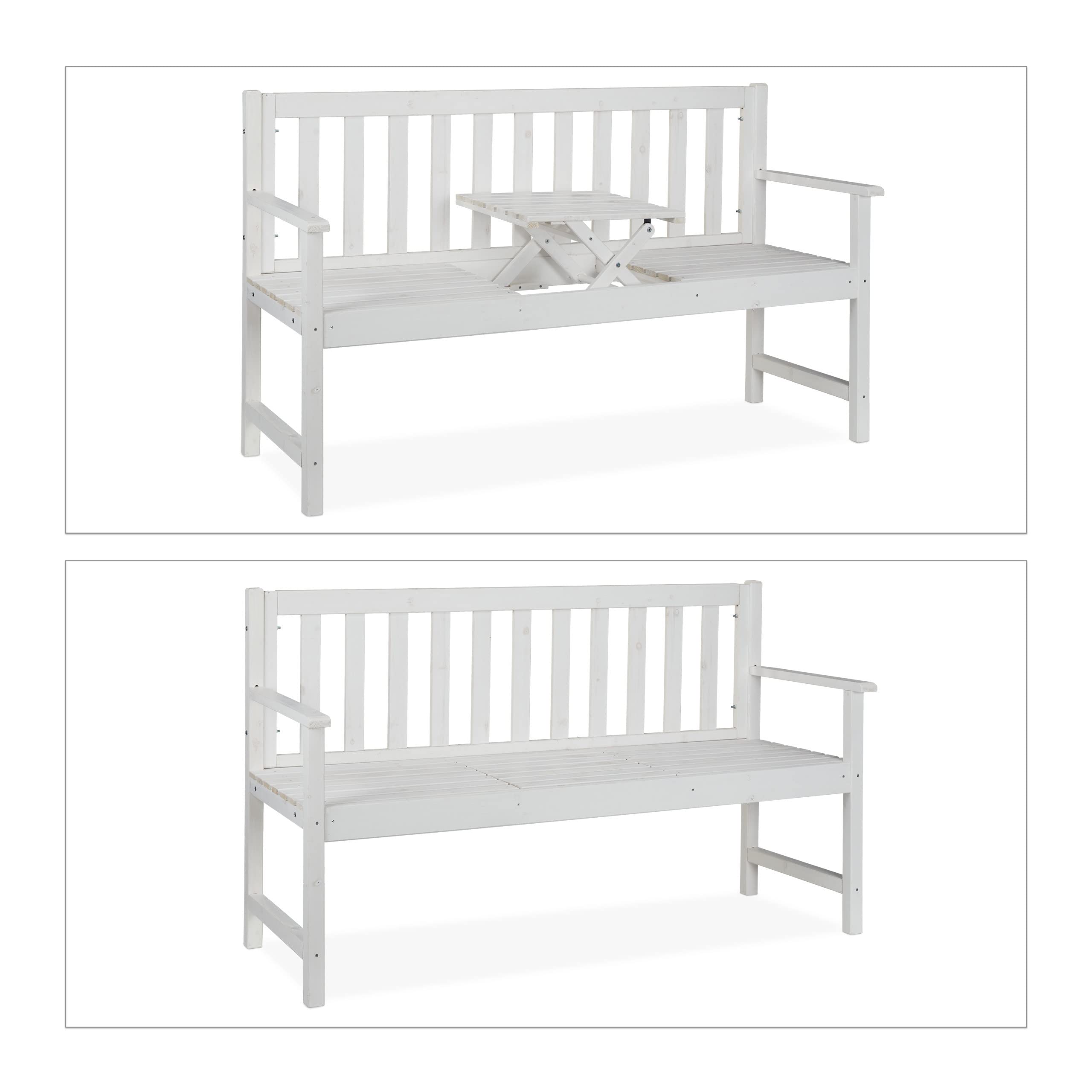 Relaxdays Gartenbank mit integriertem Tisch, 3 Sitzer, robuste Holz Sitzbank, Garten & Balkon, HBT: 90x152x56 cm, weiß