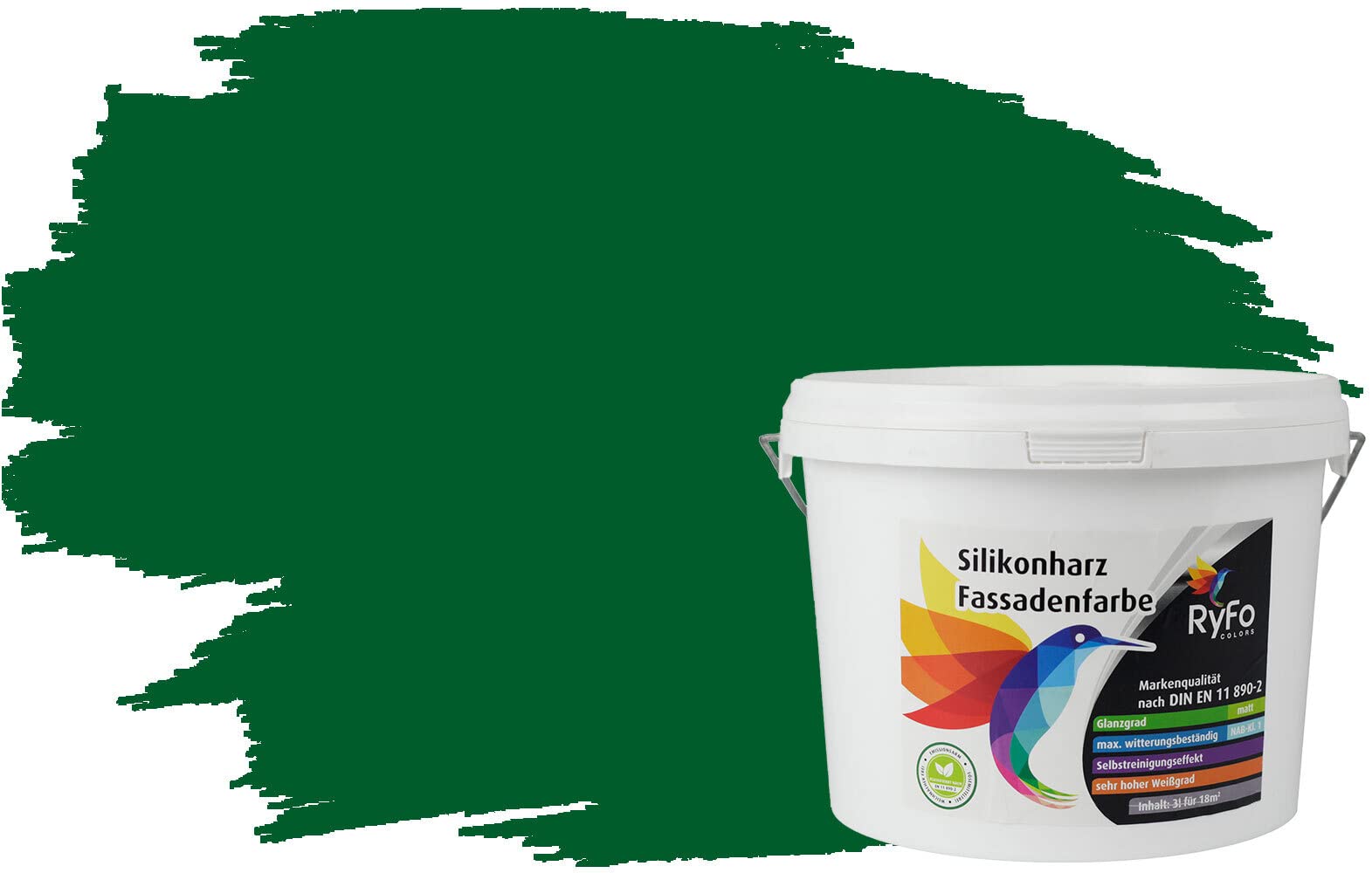 RyFo Colors Silikonharz Fassadenfarbe Lotuseffekt Trend Grüntöne Dunkelgrün 3l - bunte Fassadenfarbe, weitere Grün Farbtöne und Größen erhältlich, Deckkraft Klasse 1