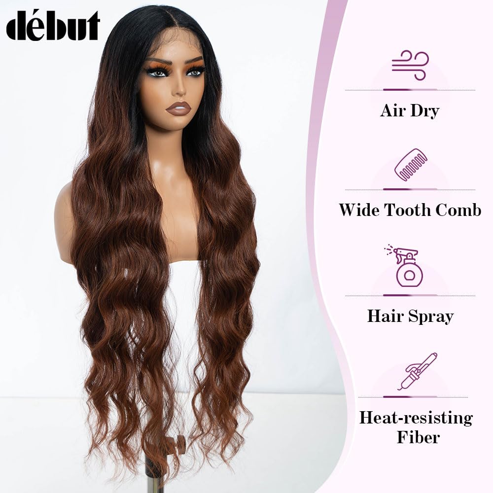 DÉBUT Long Wavy Lace Front Wigs Ombre Brown Middle Part Body Wave Wig for Women Slight Pre Plucked Hairline with Baby Hair 36 Inches Chocolate Brown Color