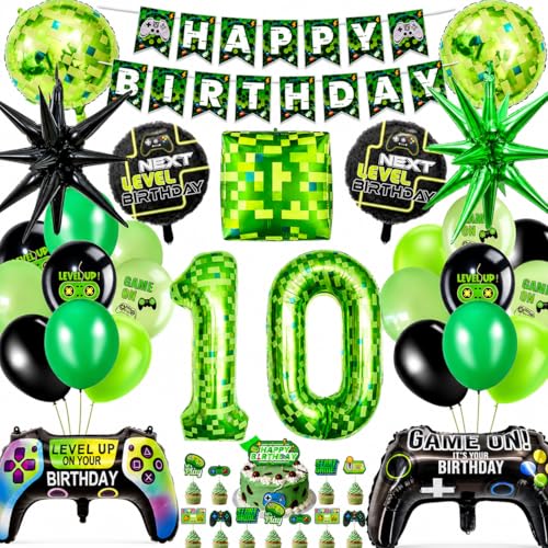 10. Geburtstag Gaming Deko Set Zocker Geburtstagsdeko 10 Jahre Gamer Party Luftballons Videospiel Controller Folienballons Grün Pixel Party Zubehör