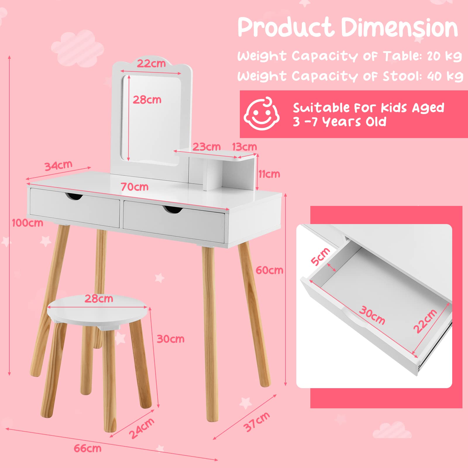 RELAX4LIFE 2 in 1 Toeletta Trucco Bambina con Sgabello, Specchio Staccabile, Set da Trucco con 2 Cassetti, Postazione Trucco per Bambini, 70 x 37 x 100 cm (Bianco)