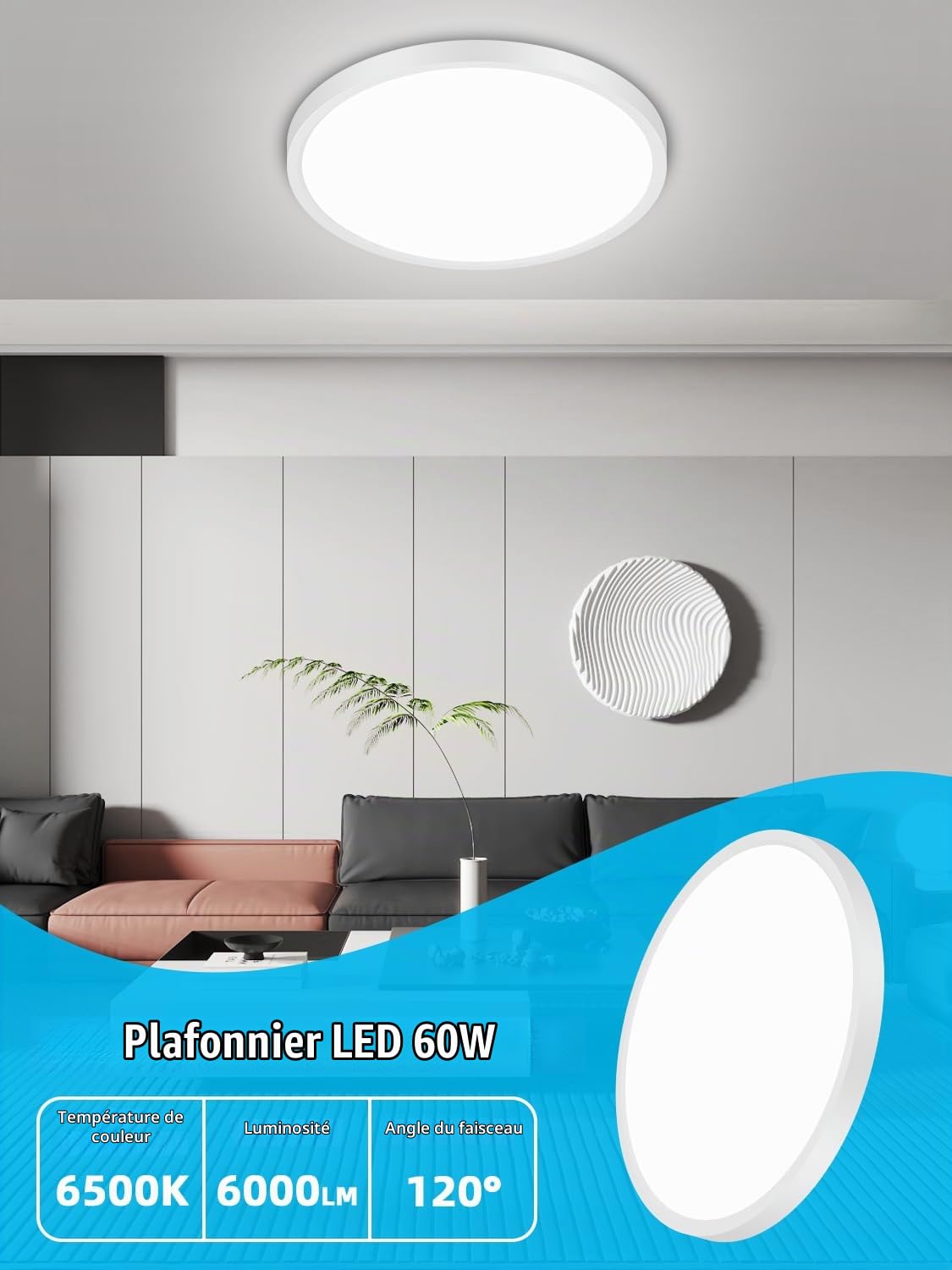 Plafonnier LED 60W,6500K Blanc froid Luminaire Plafonnier,6000LM Éclairage de Plafond,Ø50CM Plafonier Rond Moderne,Lampe de Plafond pour Salon, Chambre, Cuisine, Balcon, Bureau
