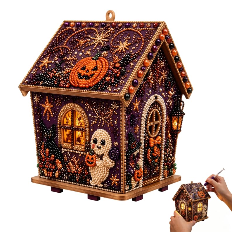 3D Halloween DIY Pearl Art House Kit, Wooden Ghost House Desktop Ornament, Complete Pearl Painting Craft Set for Beginners, Holiday Home Table Decor, Gift for Kids & Craft Lovers，Ghost