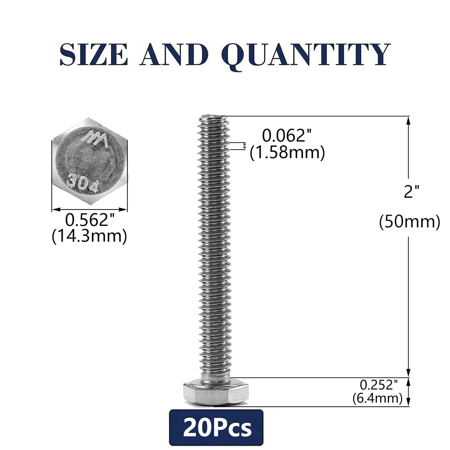 3/8-16 x 2 Hex Head Screw Bolt, 20Pcs 18-8 (304) Stainless Steel, Fully Threaded, Plain Finish, by SG TZH