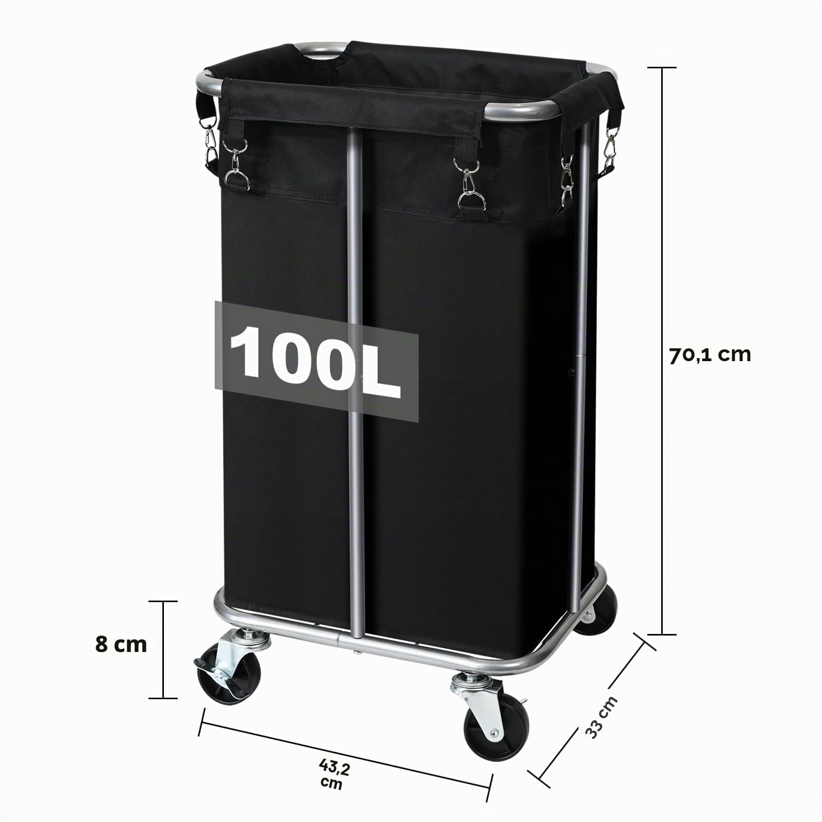 Wäschekorb mit Rollen, rollender Wäschekorb mit abnehmbarem Beutel, 100 L, Wäschesortierwagen, schmaler Wäsche-Organizer mit stabilem Metallrahmen, Schwarz + Silber