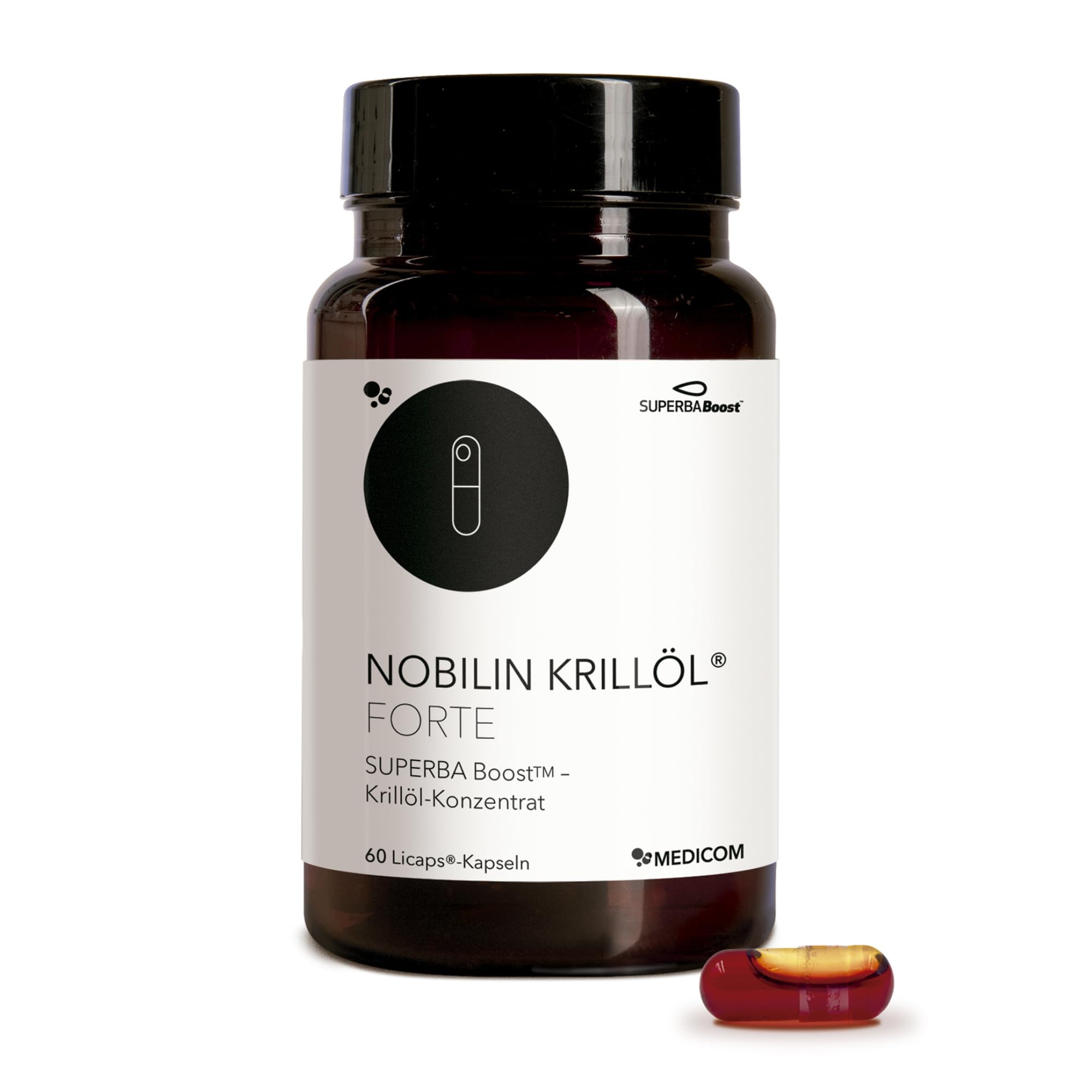 Medicom – Nobilin Krillöl Forte, nachhaltig gewonnenes Krillöl mit Omega-3-Fettsäuren mit EPA und DHA, Cholin und Astaxanthin, glutenfrei – 60 Kapseln