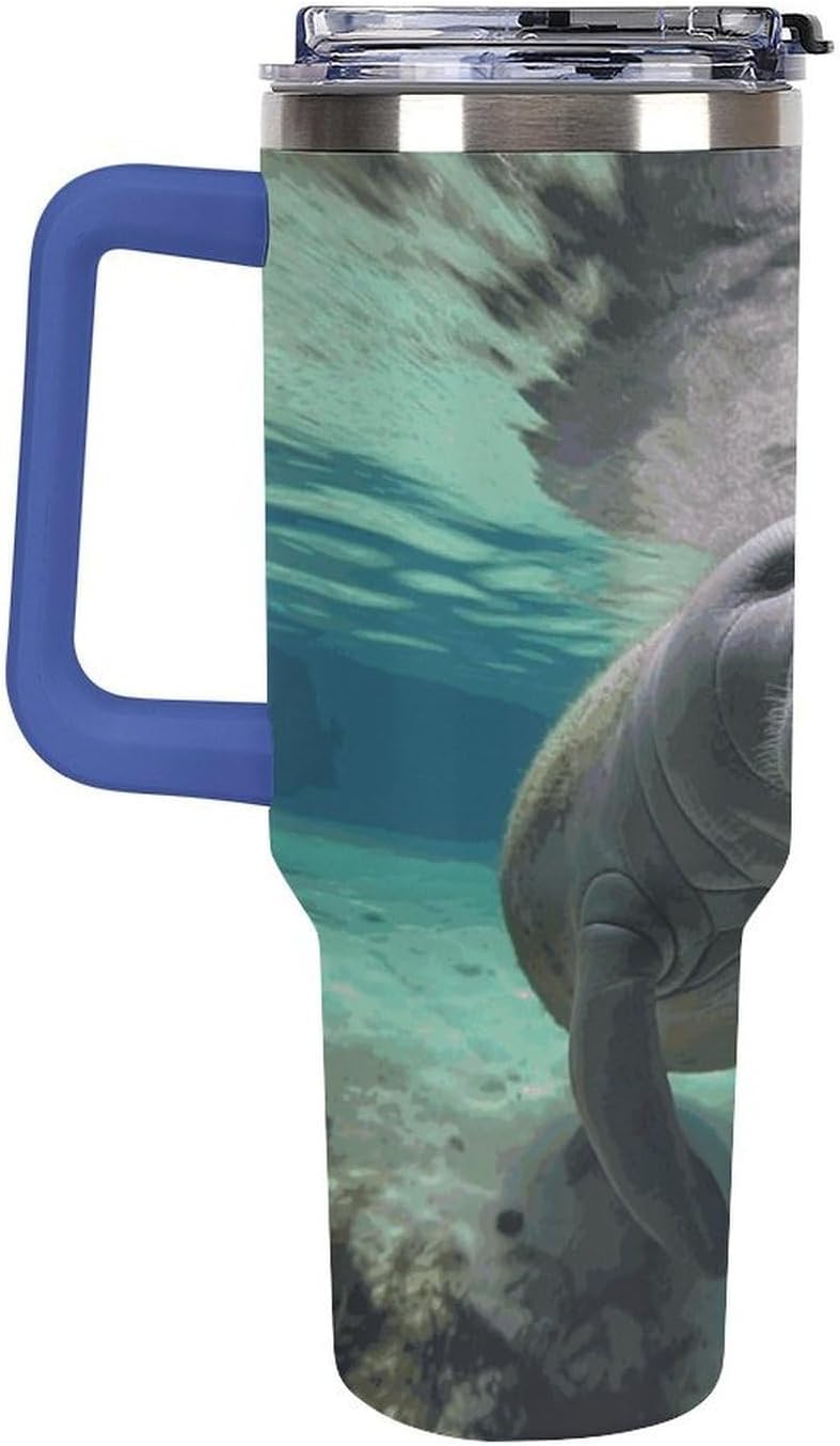 Cute Sea Animal Manatee Travel Coffee Mug Reusable Durable Stainless Steel Insulated Tumbler with Handle And Straw Leak Resistant Portable Thermal Cup Gifts for Men Women 40 Oz