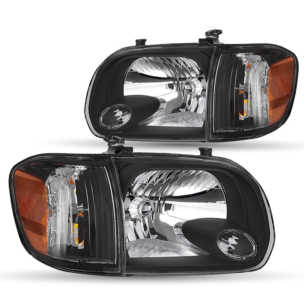 Headlight Assembly Set for 2005-2006 Toyota Tundra / 2005-2007 Sequoia Double Crew Cab 4-Door Sedan Driver and Passenger Side (Black Housing with Amber Reflector)