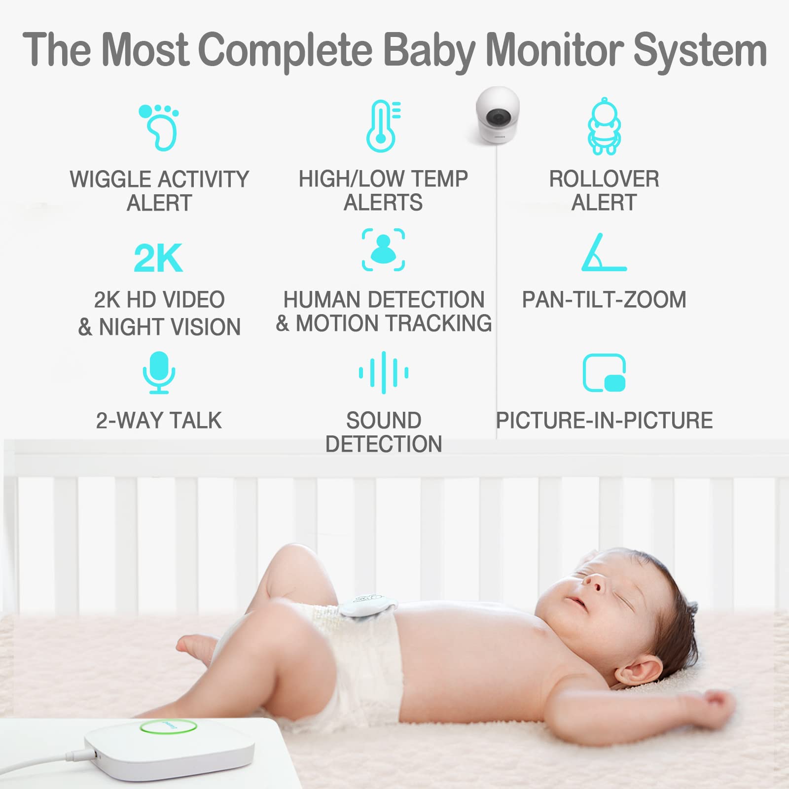 Sense-U Smart Baby Monitor 3+ Crystal Clear 2K Remote PTZ Camera, Tracks Your Baby's Sleep Position, Rollover - Image 2