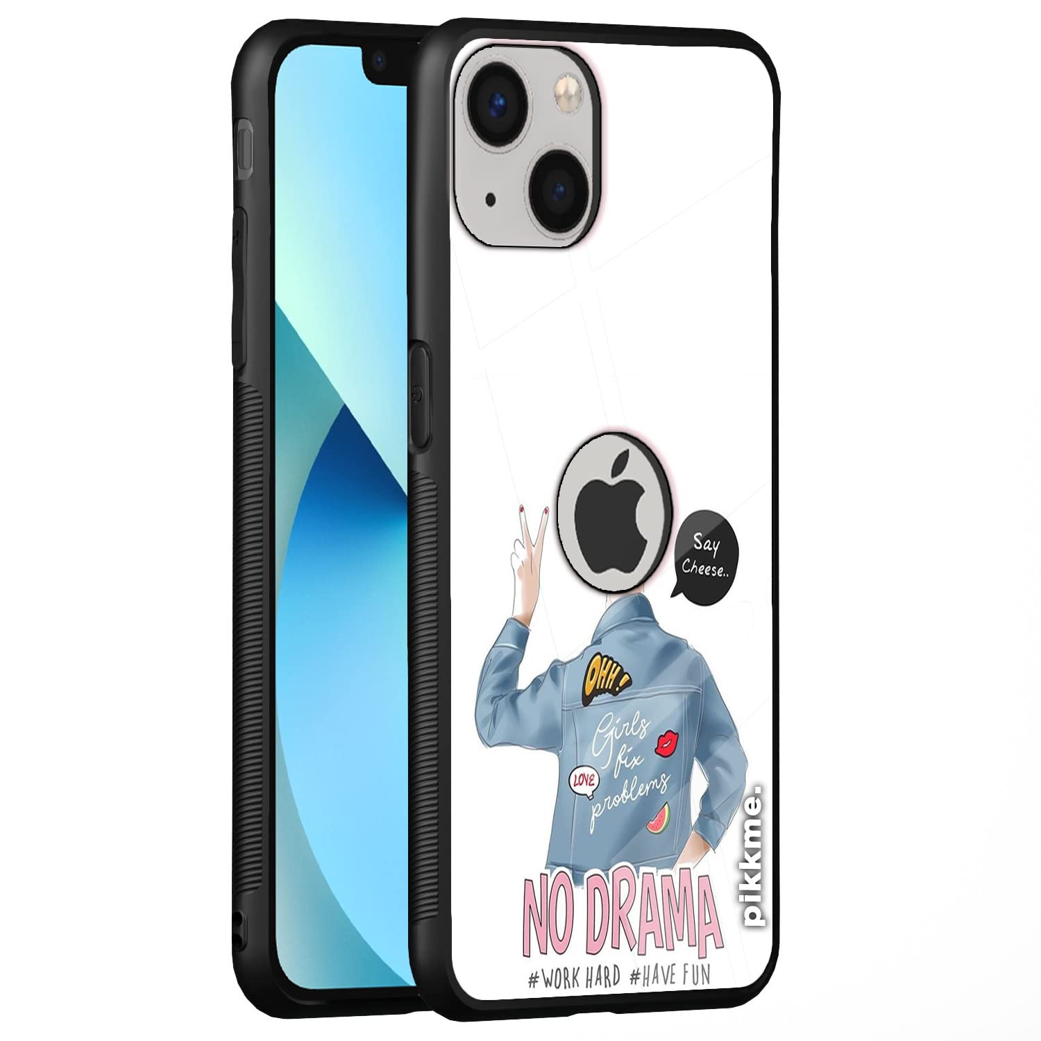 Pikkme iPhone 14 Back Cover for Girls | Ultra Hybrid No Drama White Printed Glass Case | Soft TPU Sides with Anit-Skid Grip Protection (Girls1 16)