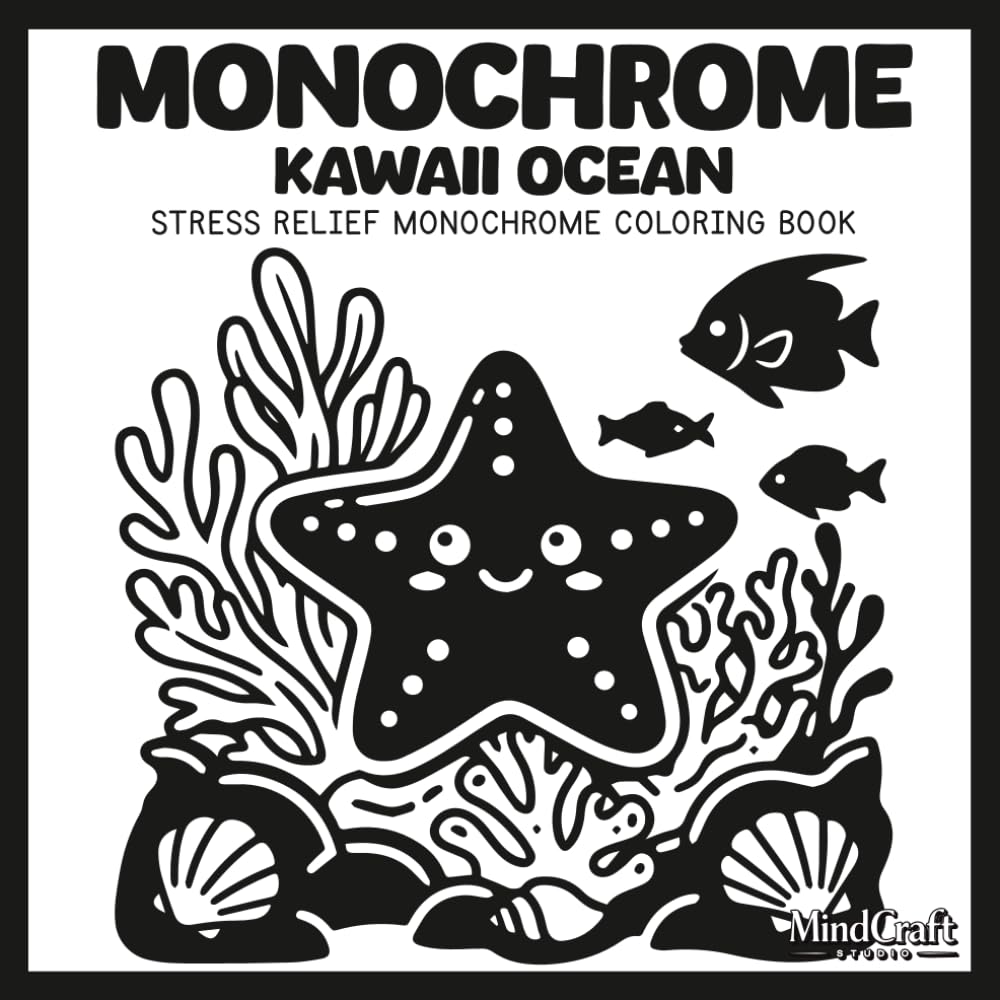 Monochrome Kawaii Ocean: Cute Ocean Animals Monochrome Coloring Book for Stress Relief | Single-Color Dot Coloring Pages for Relaxation and Creativity