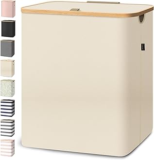 BALEINE Laundry Hamper with Lid, Tall Laundry Baskets with Bamboo Pull Handles, Large Laundry Bin with Internal Support (40 Gallon, Beige)