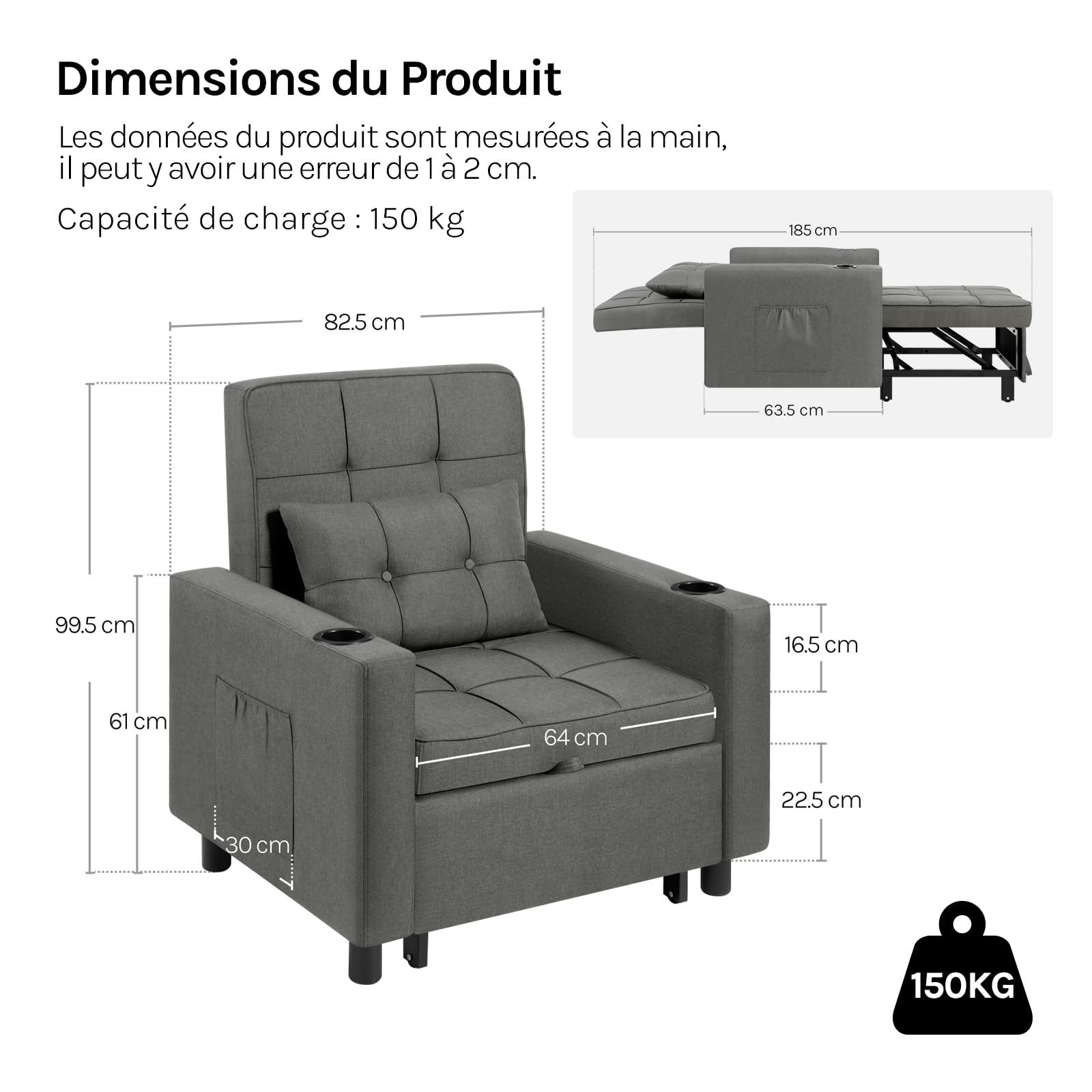 Canapé-lit 3 En 1 - Canapé En Lin Avec Dossier Réglable, Idéal Pour Petits Espaces - Gris