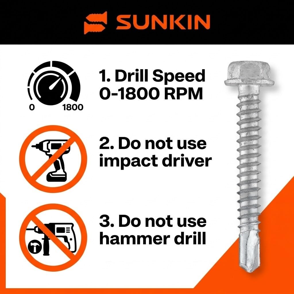 SUNKIN 80PCS Self Tapping Screws for Metal, Bi-Metal Stainless Steel 304 Rustproof, #12 x 1-1/4" Hex Head, Hardened Self Drilling Tip for Steel, Extreme Long Service Life