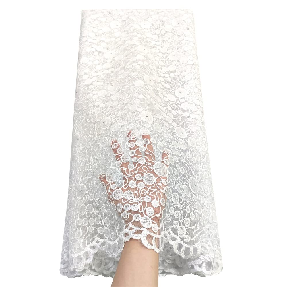 LadyQ Tela de encaje de red africana de oro 2020 nupcial francesa de encaje de tela de 5 yardas vestidos africanos con cuentas de tul cordón de tela de encaje para mujeres 033827 (blanco)