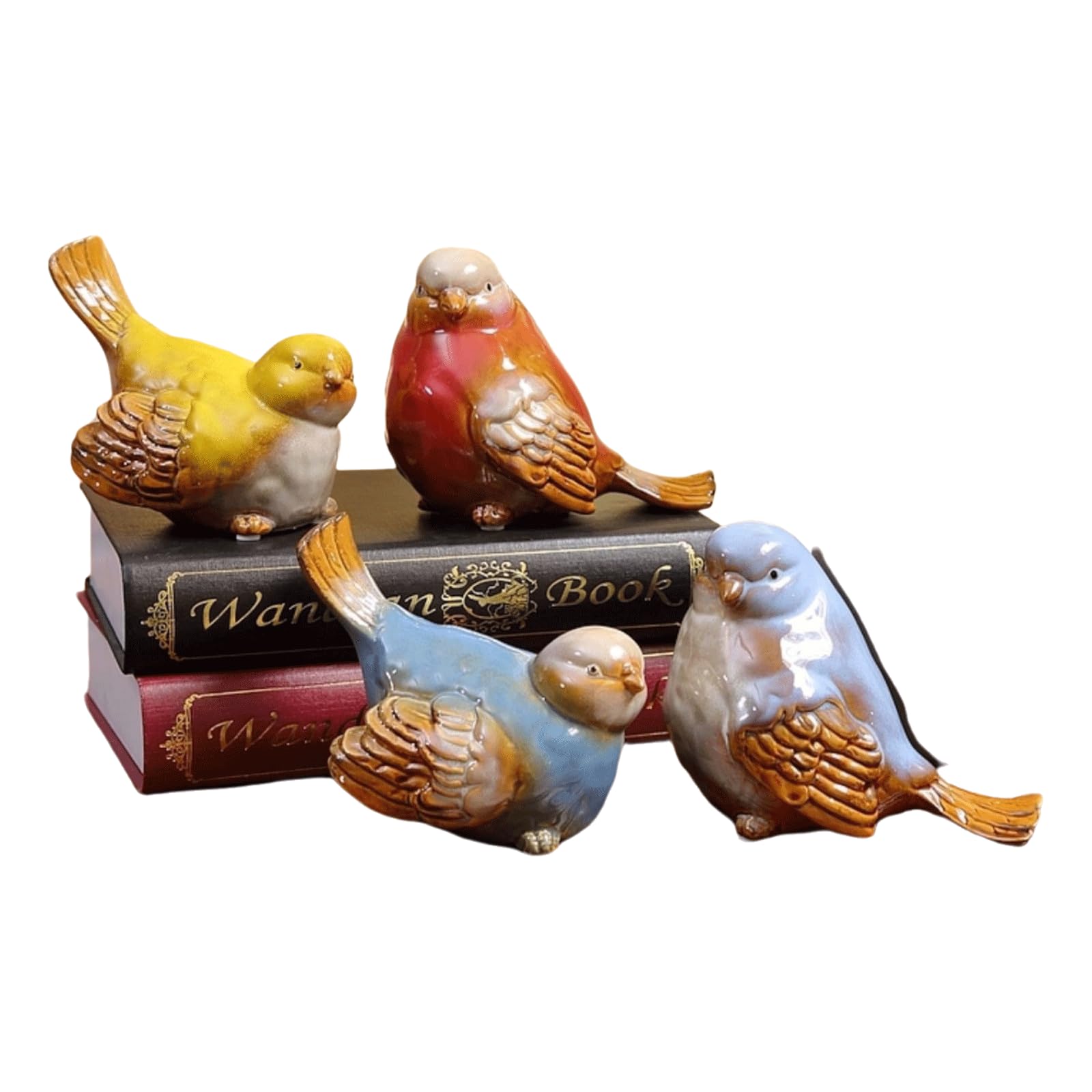 Zestaw 4 ceramicznych figurek ogrodowych dla ptaków, rustykalna dekoracja na zewnątrz do trawnika i ogrodu, sielankowe urocze rzeźby ogrodowe i posągi do uroczej dekoracji ogrodu, ozdoby na podwórko