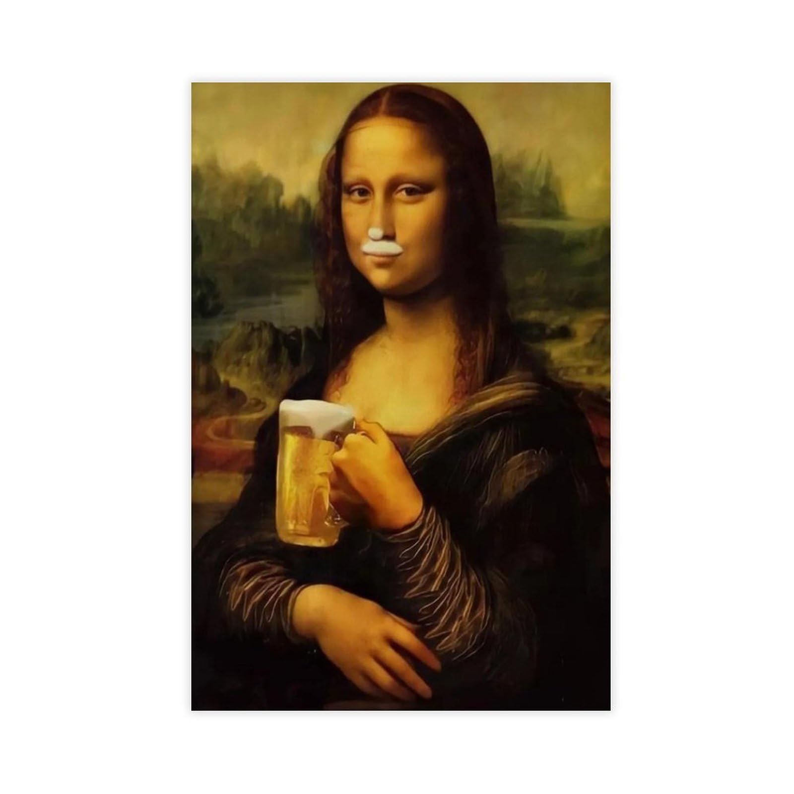 Bncedjk Mona Lisa Drinking Beer Canvas Painting Canvas Poster Bedroom Decor Landscape Decor Gift 12X18inch(30X45cm)