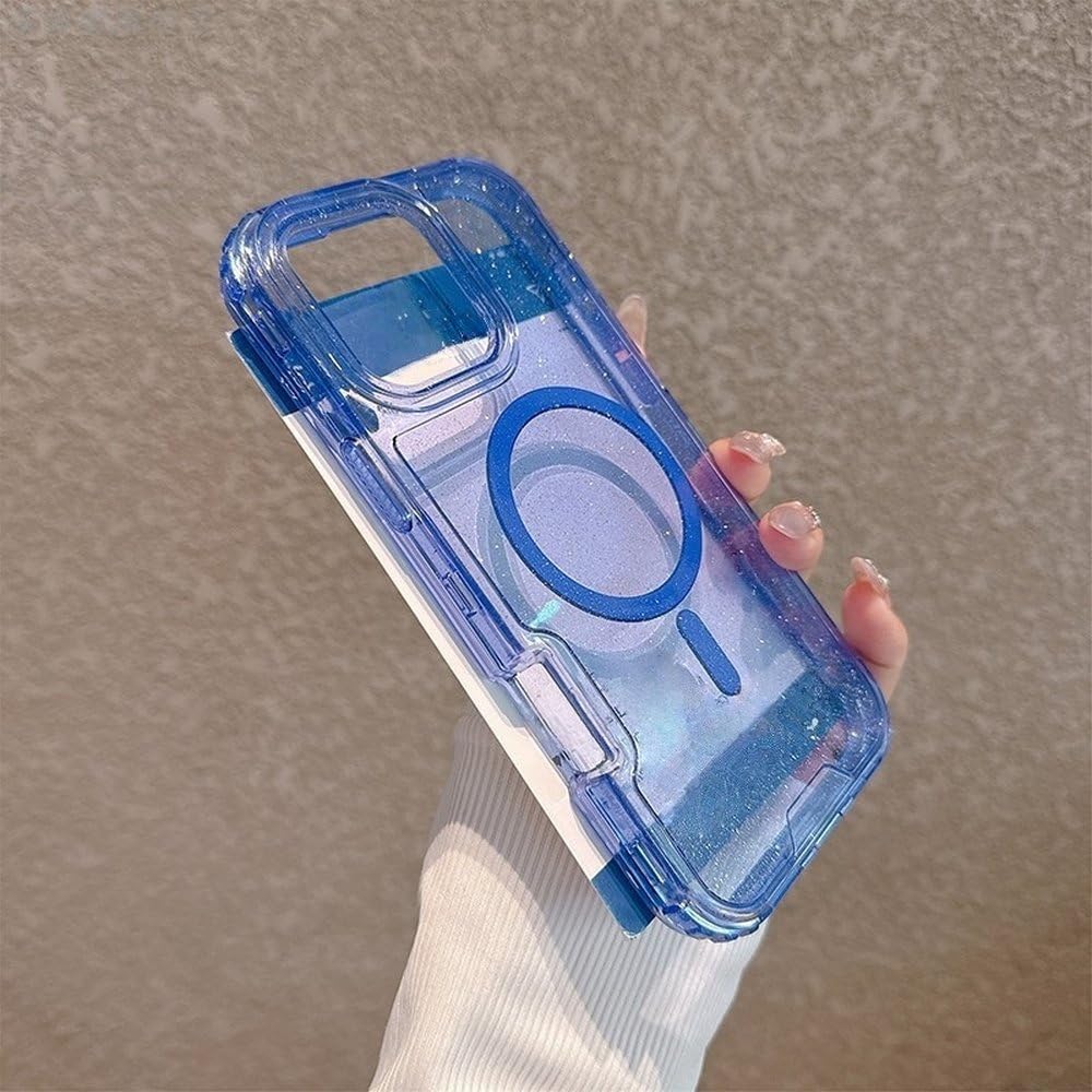 Etui na telefon 3 w 1 z brokatowym neonowym kolorem, przezroczyste, do iPhone'a 16, 16Pro Max, 15 Pro 14, 13, 12, magnetyczne, do ładowania bezprzewodowego, niebieskie, do iPhone'a 12 Pro Max