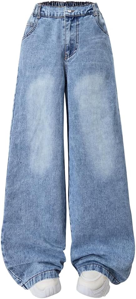 Nivne Tco Tween Girls Wide Leg Jeans High Waisted Baggy Jeans with Pockets, Casual Elastic Wasit Pants for Girls