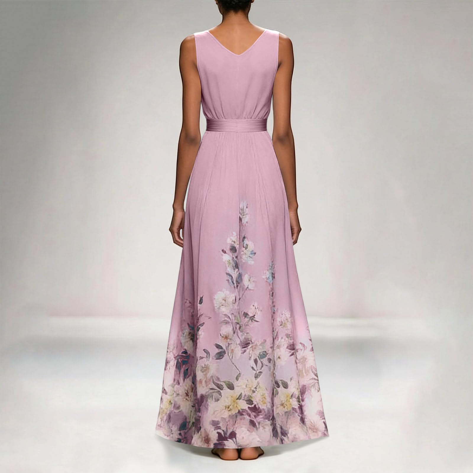 Cocktailkleid Damen Lang A-Linie Abendkleider Elegant Für Hochzeit Chiffonkleid Damen V Ausschnitt Lange Blumenkleid Festlich Maxi Ballkleider Ärmellos Blumen Frühlingskleid Plissee Kleider
