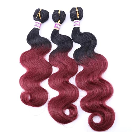 Extensiones de cabello sintético ondulado con degradado rojo vino negro a borgoña, 16, 18, 20 pulgadas, 3 paquetes de tejido de fibra (T199J#)