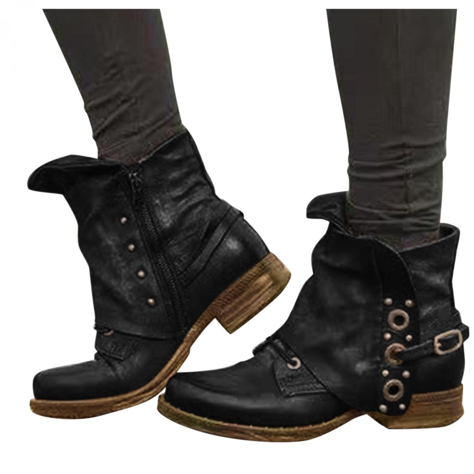 Hbeylia Vintage Boho Work Boots For Women Leather Studded Lace Up Metal Buckle Wrapped Wide Round Toe Chunky Block Low Heels Ankle Booties Bohemian