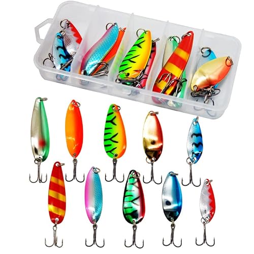 Kkekos 10Pcs Fishing Lure Bait Lure Spinner Fishing Spoon With Hook Set For Crappie Trout Walleye Bass Lures Kit With Box #TOP8