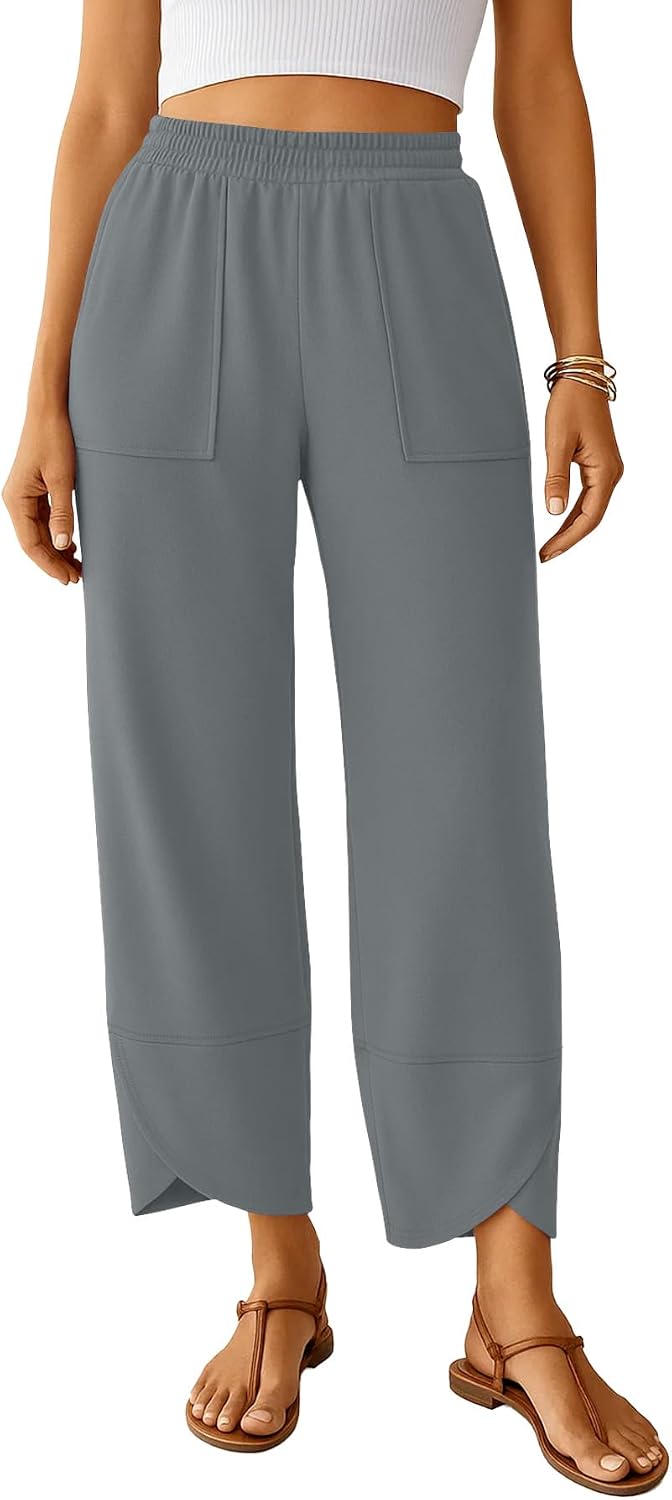 NILOUFO Womens Baggy Wide Leg Pants Casual Elastic High Waisted Palazzo Harem Trousers with Pockets Lounge Loose Comfy Pants