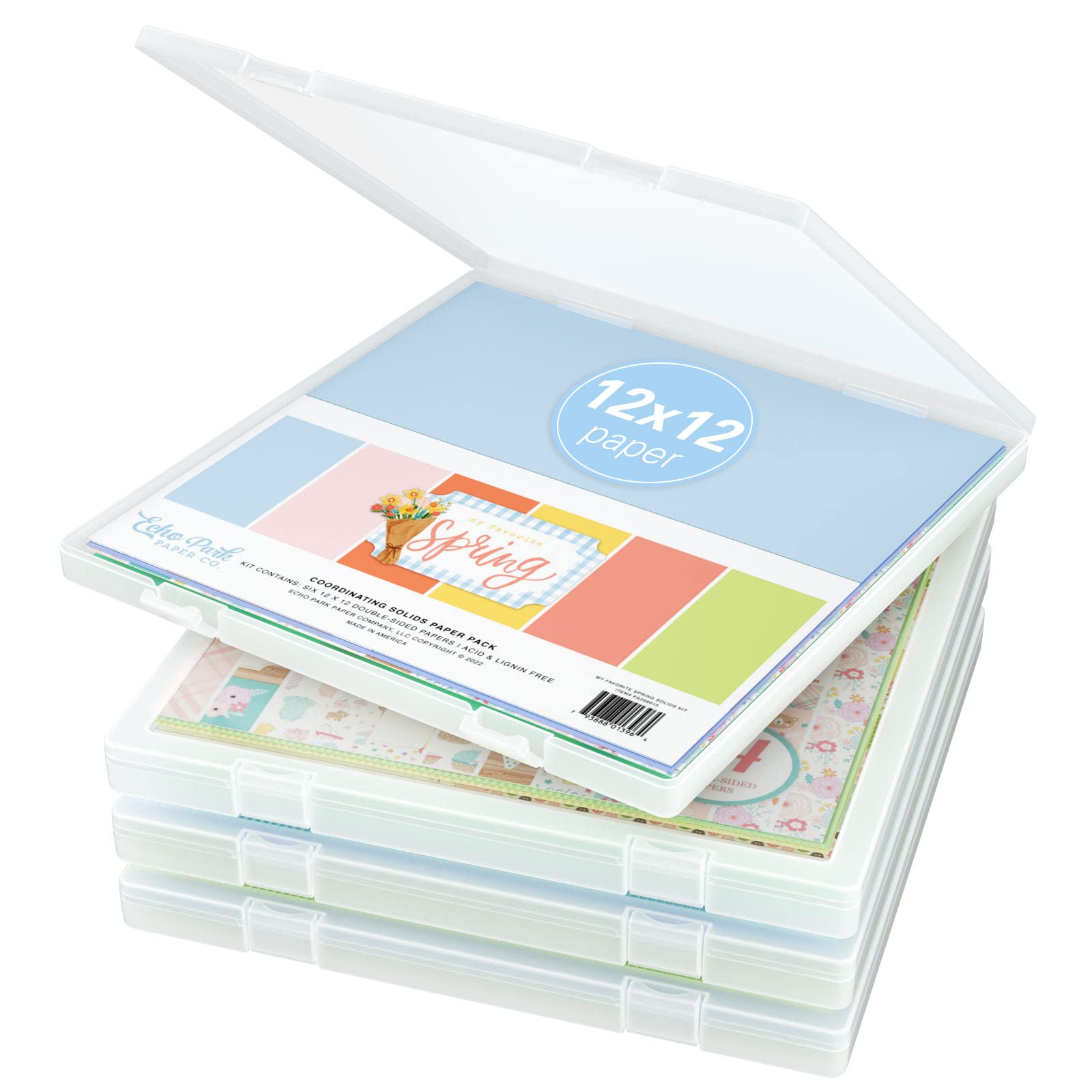 12 x 12 Paper Storage, 4 Pack Scrapbook Storage Box for 12" x 12" Paper, Plastic Portable Project Case, Slim Documents Magazines Paper Protector (12.4 x 12.8 x 1.1 in)