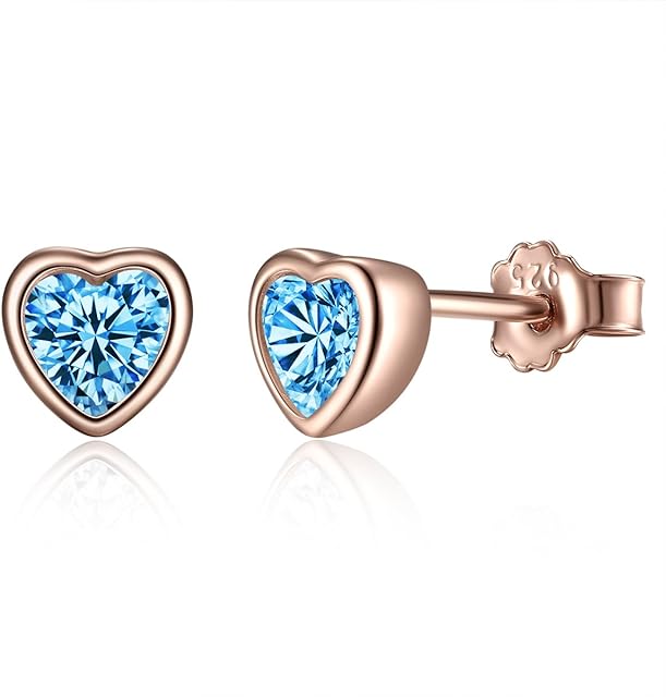 Deyanse 925 Sterling Silver Stud Earring for Women, Small Heart-Shaped Stud Earring, 5mm Love Heart Stud Earrings, Hypoallergenic Rose Gold Sleeper Stud Earring, with Pink/White/Blue Zirconia