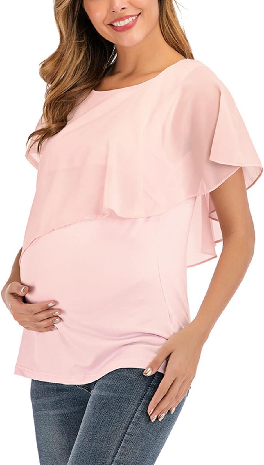 Maternity Nursing Top, Color Round Neck Women Maternity Nursing Top Asymmetrical Sleeve for Summer (L)