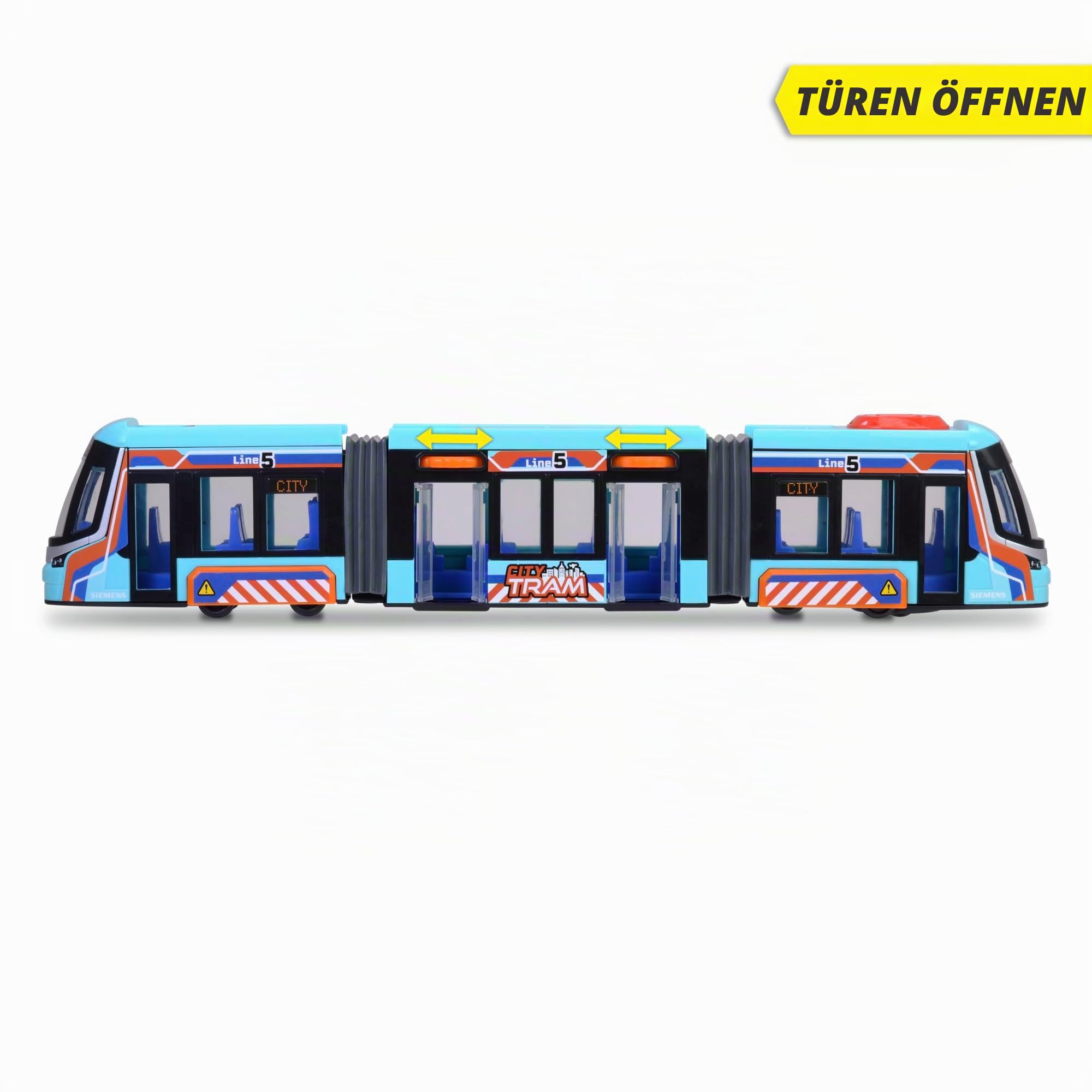 Dickie Toys City Tram Straßenbahn Spielzeug (41,5 cm) - Große Spielzeugautos ab 3 Jahren mit Freilauf, Lenksteuerung & TüRen zum Öffnen - Bus Spielzeug Modell-Bahn für Kinder - 203747016